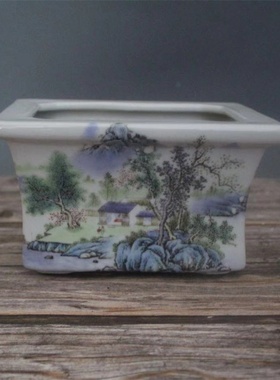 民国粉彩山水四方多肉花盆收藏