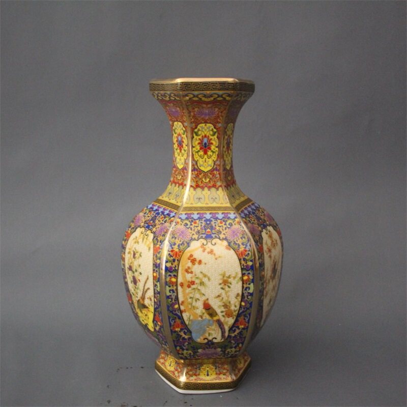 景德镇仿古陶瓷雍正珐琅彩花鸟六方花瓶家居装饰展柜收藏摆件复古