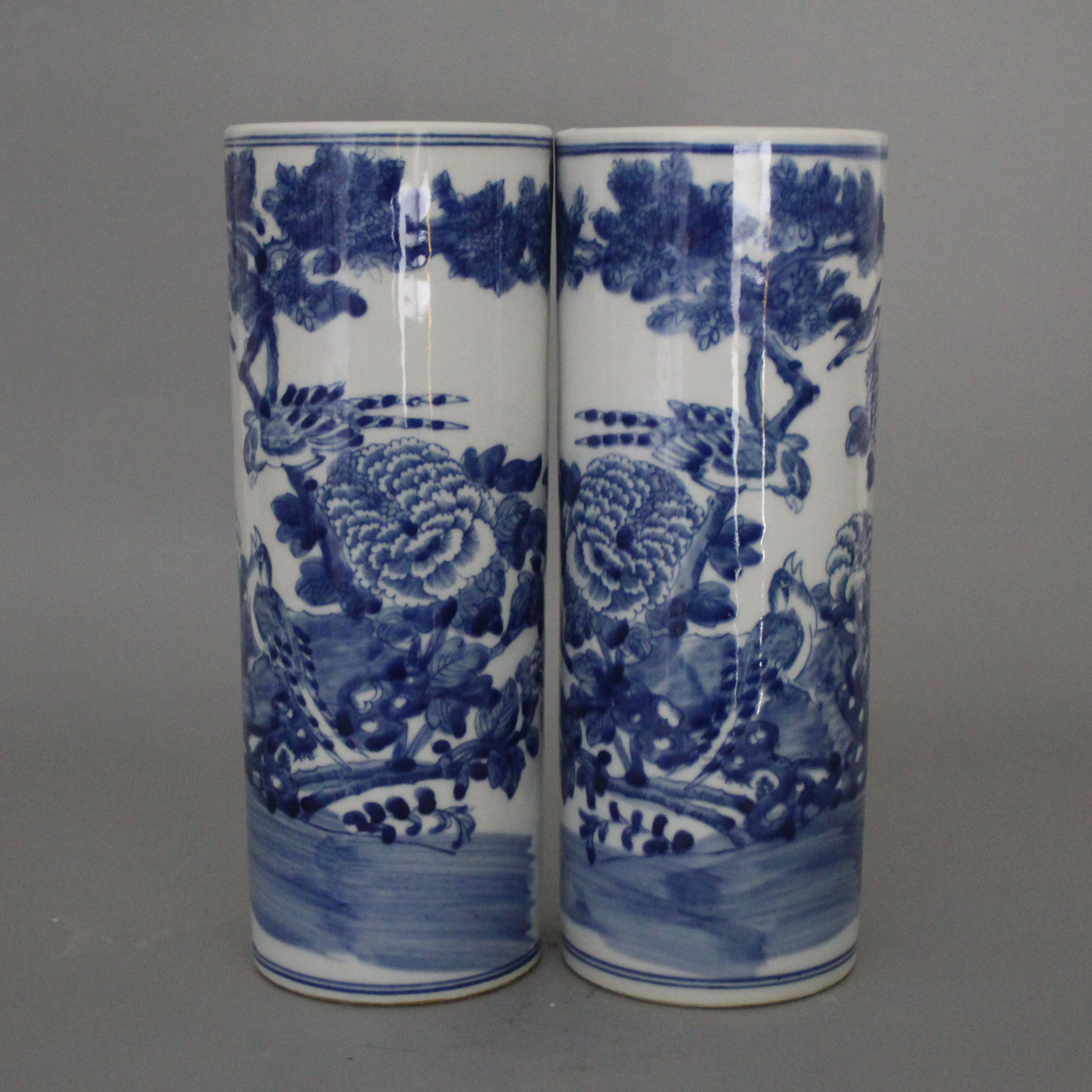 清中期青花牡丹花鸟帽筒(一对)仿古瓷文房古玩收藏家居展柜摆件