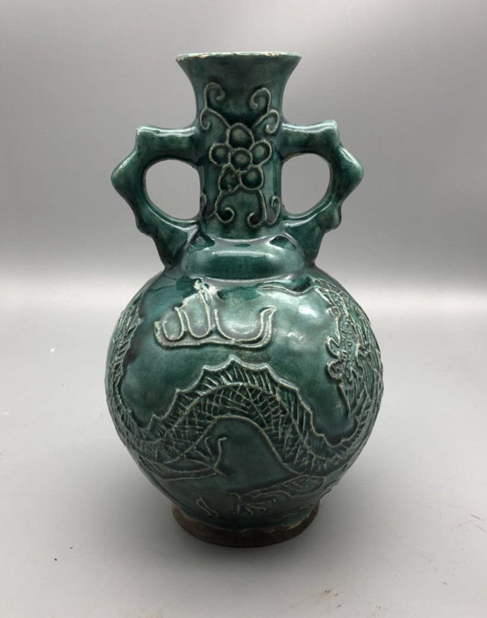 清光绪绿釉龙纹双耳花瓶仿古做旧家居装饰办公摆件收藏怀旧老物件