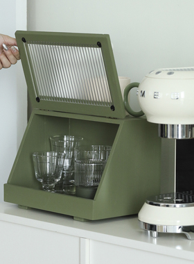 墨绿色木质桌面收纳盒 亚克力面板翻盖储物盒 居家咖啡角软装布置