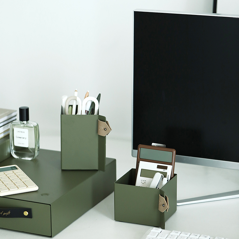简约正方形笔筒墨绿色收纳桶