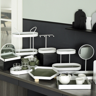 高级感桌面收纳盒白色铁艺收纳架工位整理架咖啡角布置高颜值托盘