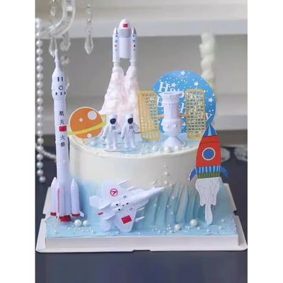 宇航员蛋糕装饰品摆件带灯火箭宇