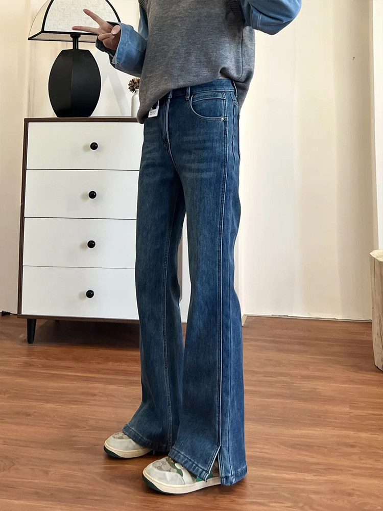 Petite split flare pants, high waist, plus size, elastic hoof jeans, with lining, not tight, flared trousers
