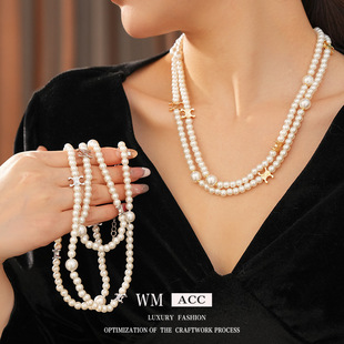 法式复古珍珠双c吊坠项链小众设计感毛衣链时尚百搭饰品女感