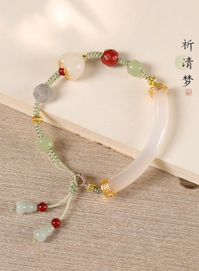 文艺小清新小众女国风新中式烟紫玛瑙玉石半管镯炭烧菩提桂花手镯