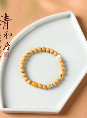 复古设计黄杨木手串东陵玉桶珠设计新中式简约木质佛珠饰品男女款
