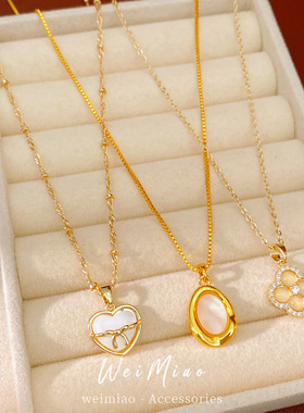 真金电镀树脂爱心椭圆形花朵项链精致气质锁骨链感轻奢项饰女