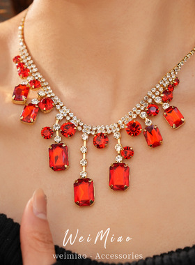 镶钻红色方形流苏项链复古时尚轻奢锁骨链小众感跨境饰品配饰