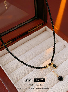 镶钻黑色水晶串珠项链复古民族风小众锁骨链百搭感气质项饰女