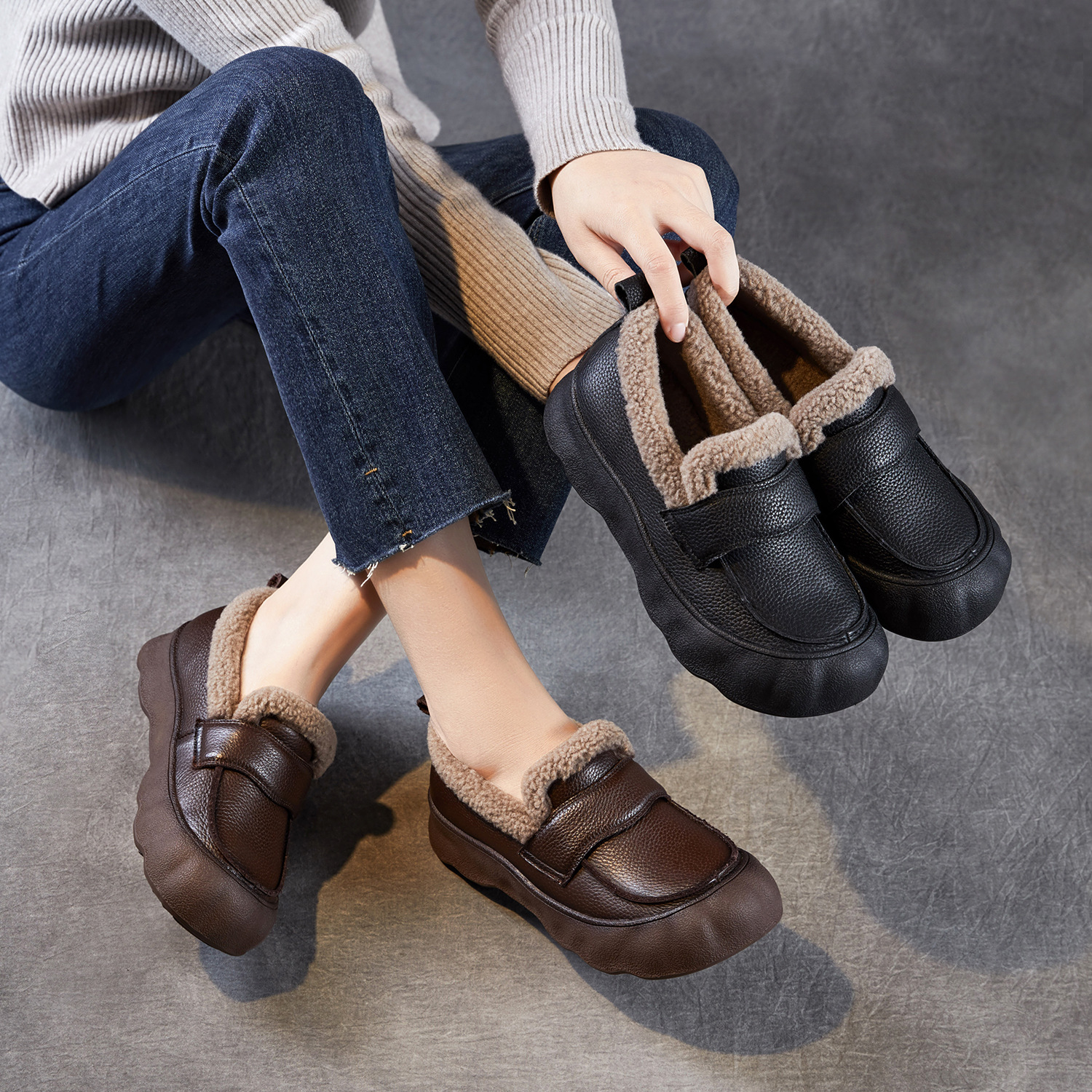 头层牛皮一脚蹬毛毛口鞋2025秋冬款平底休闲棉鞋软底加绒保暖皮鞋