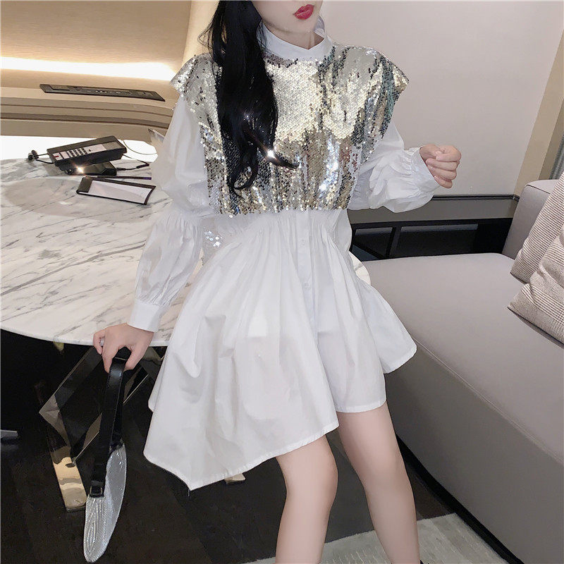 蹦迪BlingBling设计感重工亮片披肩两件套连衣裙女气质不规则衬衫