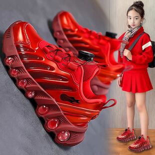 本命年女童鞋子秋冬款红色运动鞋皮面小学生男童新年鞋女孩旋钮鞋