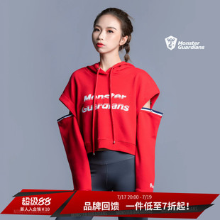 Monster Guardians个性拼接袖连帽运动卫衣女秋休闲上衣套头衫