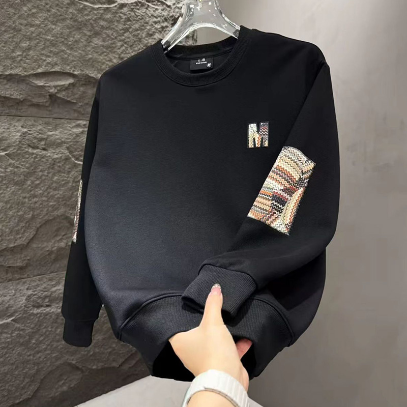 设计感潮流秋季时尚长袖套头打底衫卫衣男士潮流刺绣贴布潮流T恤