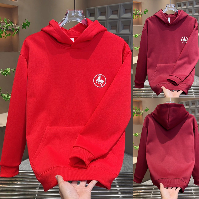 美式潮牌新年红色连帽卫衣
