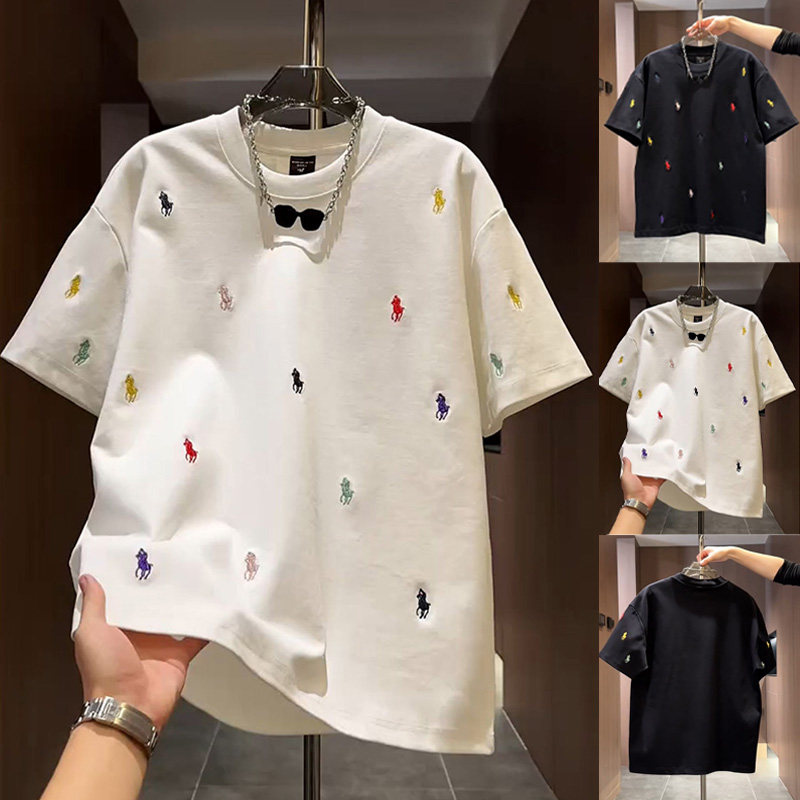 2026夏季新款彩色刺绣小马短袖男士个性宽松圆领套韩版体恤衫半袖