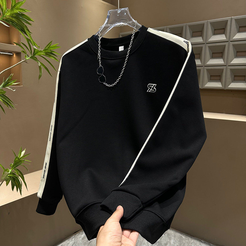 潮牌青年黑色条纹拼接圆领卫衣男士秋冬内搭高级感长袖简约打底衫,男装,卫衣,淘宝优惠券,粉丝福利购,淘宝优惠卷