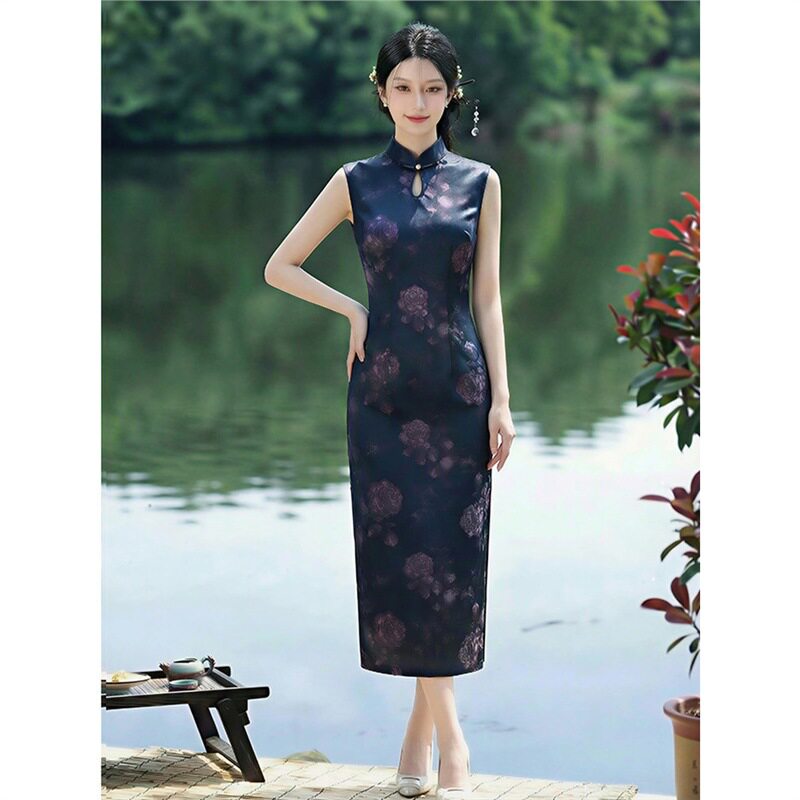 江南司造丨旗袍女无袖花卉印花修身显瘦气质连衣裙民国风手推波大