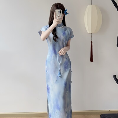 江南司造丨旗袍新中式绝美气质蓝色古法全开襟年轻款少女曳地长款