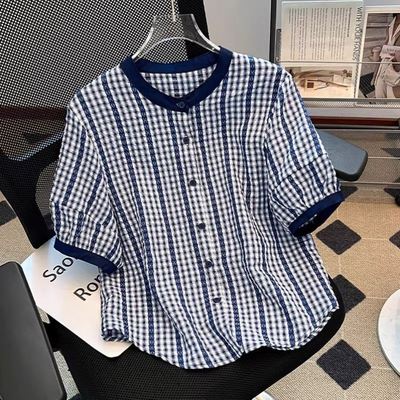 蓝色格子衬衫女夏薄款短袖2025新款宽松泡泡袖法式独特绝美小上衣