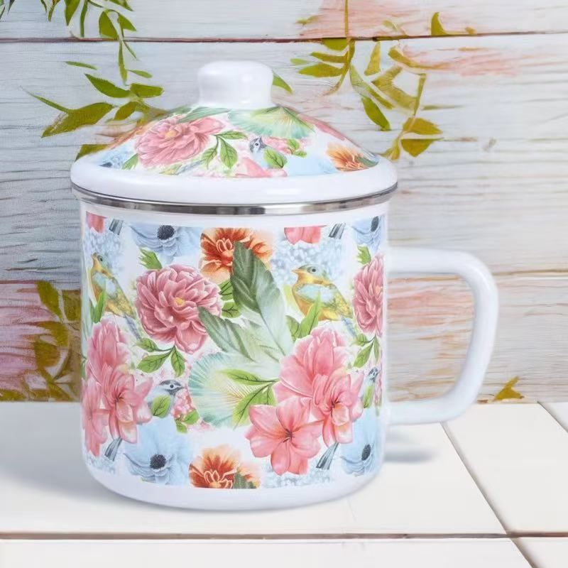 老式搪瓷缸子带盖茶缸子带盖新款茶杯青花瓷