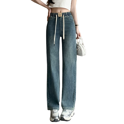 窄版阔腿牛仔裤女做旧复古长裤字