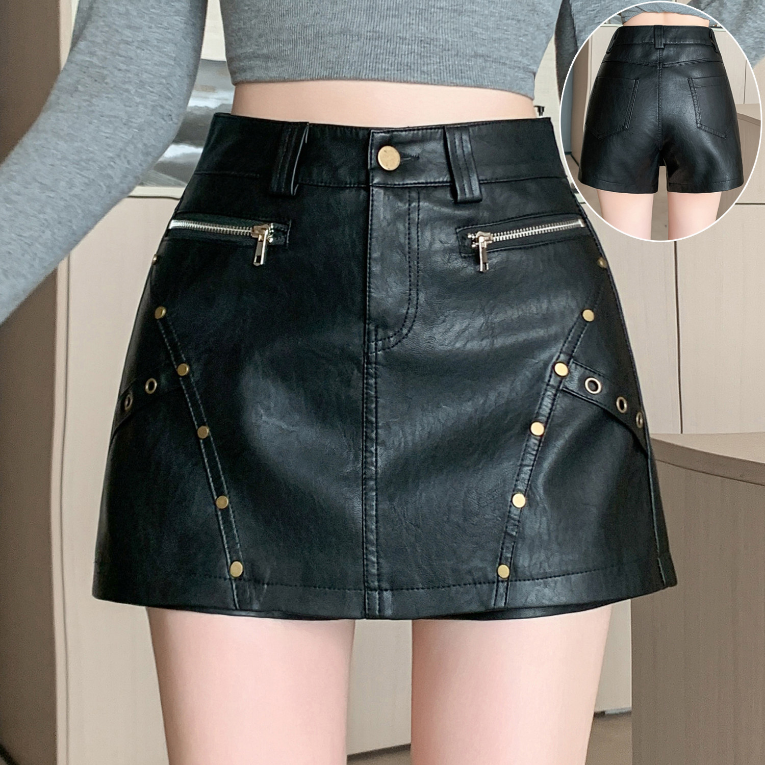 高腰皮短裙裤女2025秋冬新款洗水铆钉美式复古工装半身裙裤PU皮裤,女装/女士精品,裙裤,淘宝优惠券,粉丝福利购,淘宝优惠卷