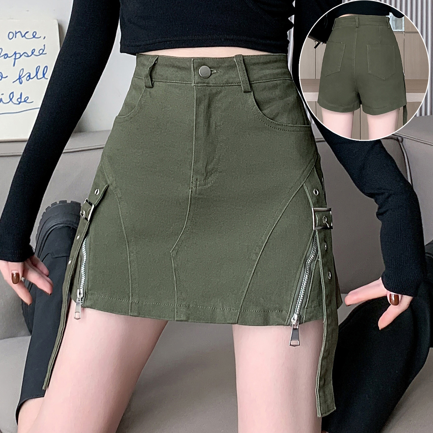军绿色工装弹力牛仔短裙裤女2026年春季新款高腰性感半身a字裤裙,女装/女士精品,半身裙,淘宝优惠券,粉丝福利购,淘宝优惠卷