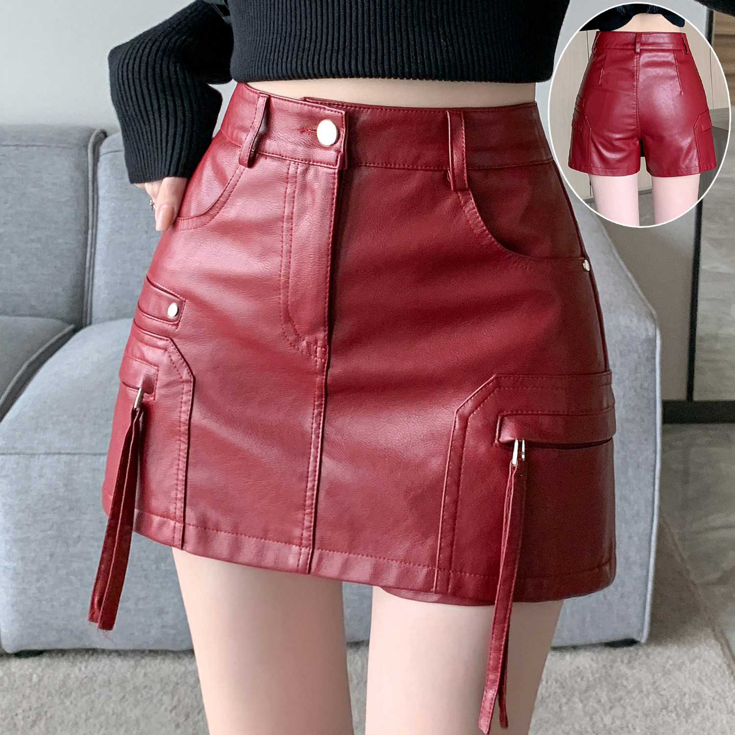 辣妹风PU皮裙裤女高腰百搭水洗皮短裤显瘦外穿A字阔腿包臀短裤裙,女装/女士精品,裙裤,淘宝优惠券,粉丝福利购,淘宝优惠卷