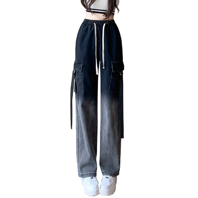 工装牛仔裤女渐变色窄版阔腿裤子