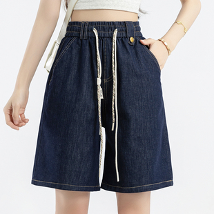 直筒休闲运动阔腿裤 五分牛仔短裤 松紧腰宽松大码 薄款 女2026年夏季