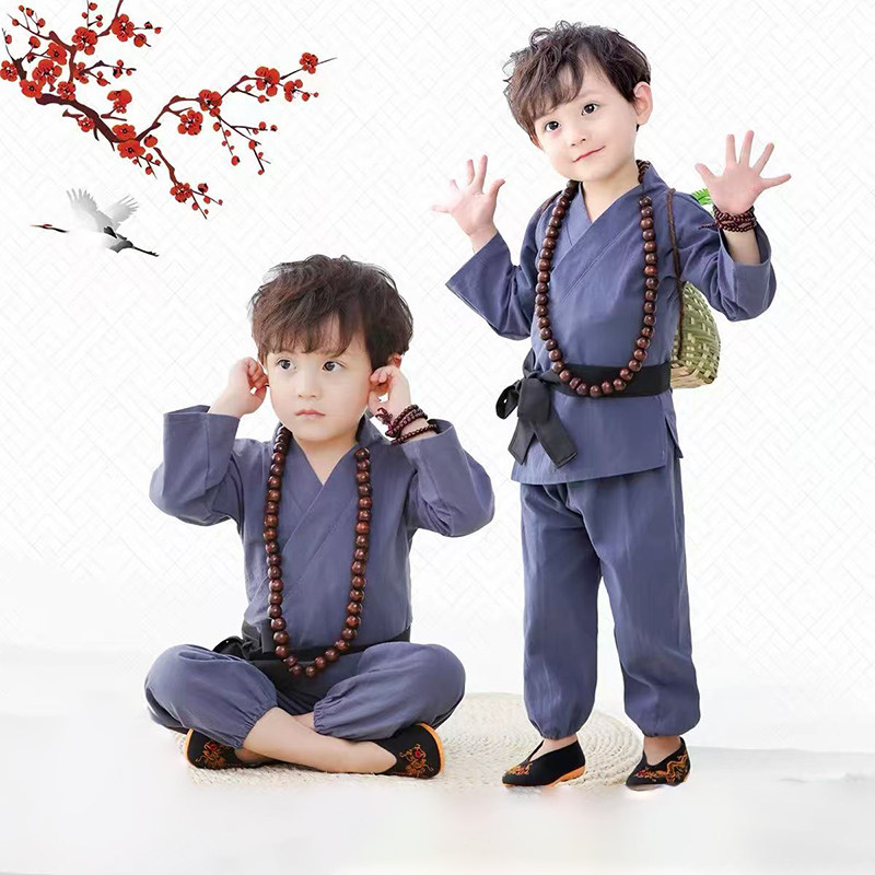 小和尚服僧袍套装小沙弥演出服宝宝古代服装儿童汉服棉麻男童春秋