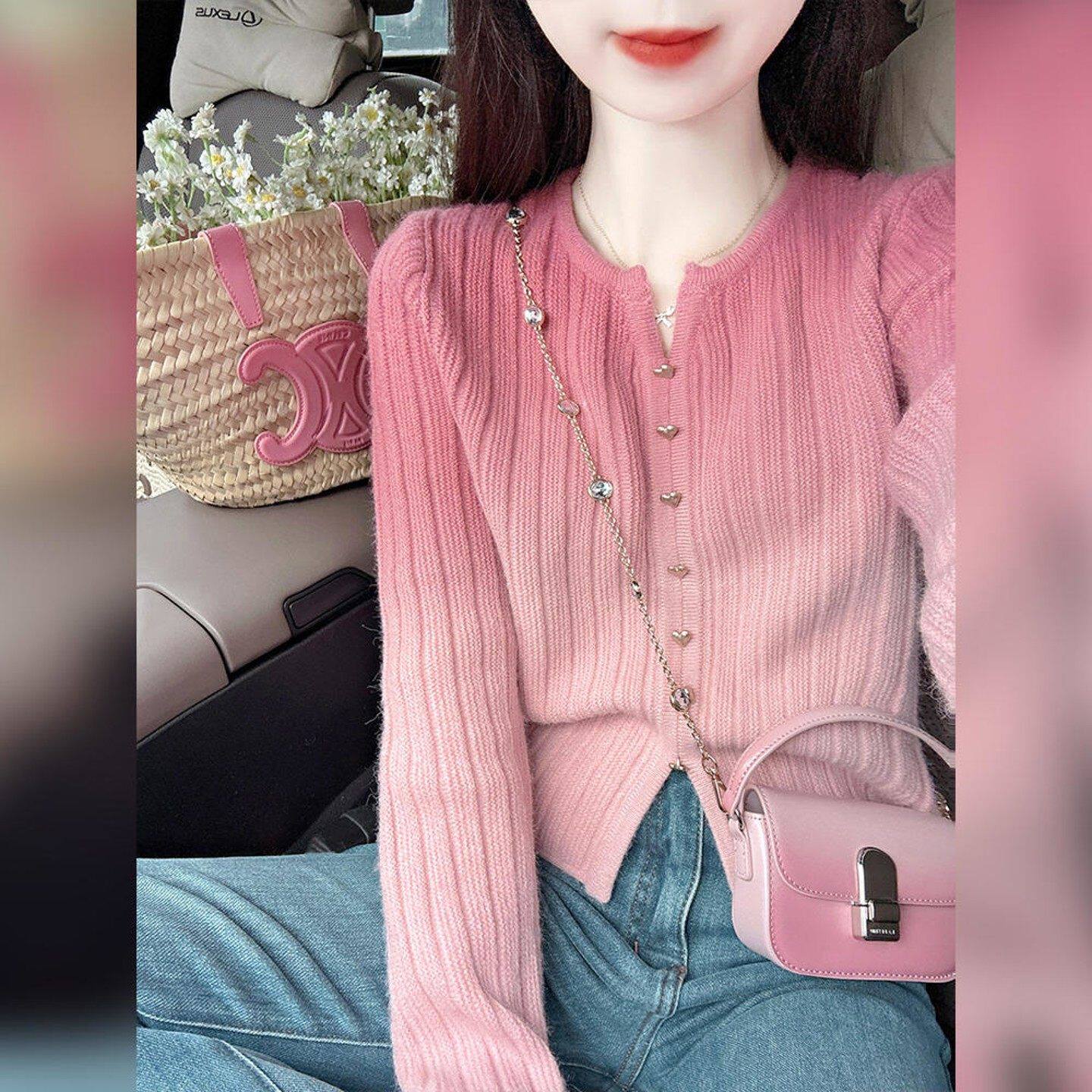 品牌折扣正品女装断码清仓特价不能退换渐变粉单排扣针织开衫女秋