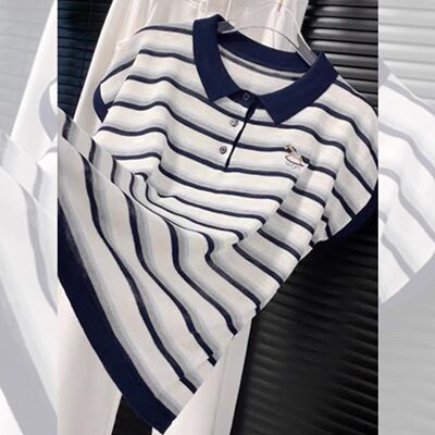 品牌正品女装衣服断码特价清仓 不退换-藏蓝色条纹polo领短袖T恤