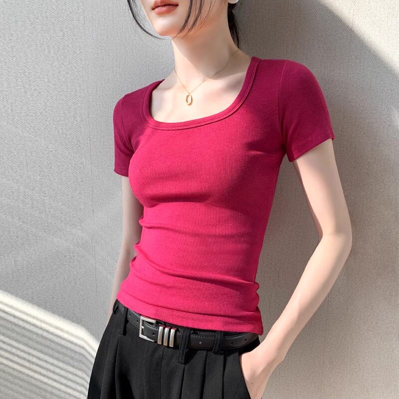【品牌正品女装新品超级秒杀 不接受退换】火龙果色方领短袖T恤女
