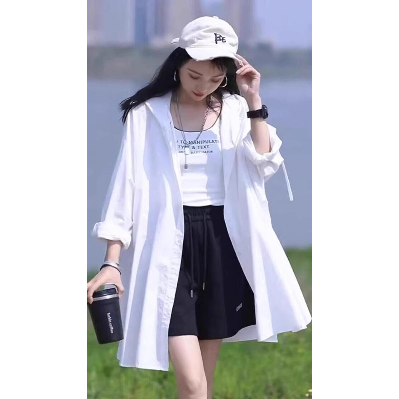 品牌折扣正品女装断码清仓特价不能退换中长款黑色连帽衬衫女