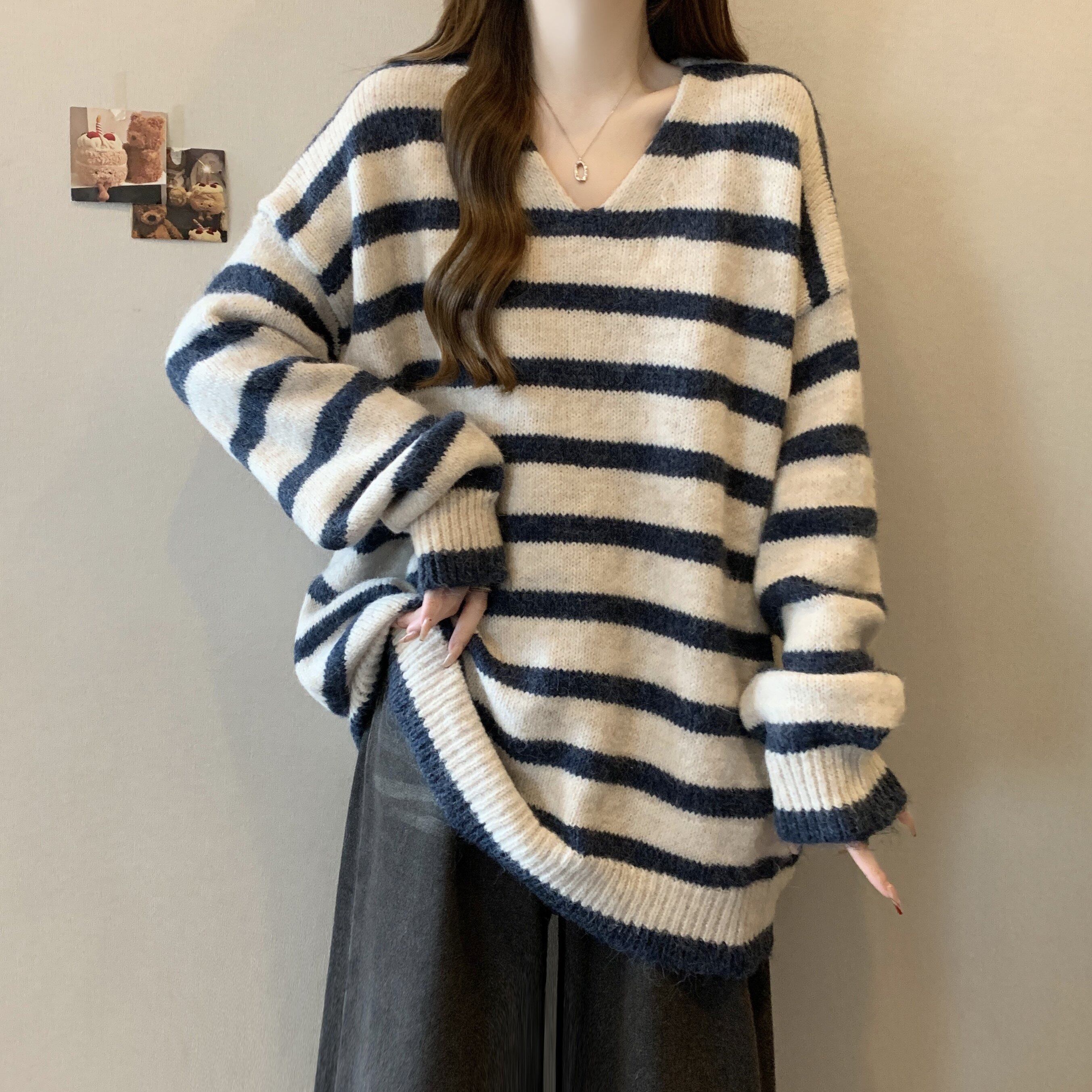 品牌折扣正品女装断码清仓特价不能退换条纹V领不起球毛衣女秋冬