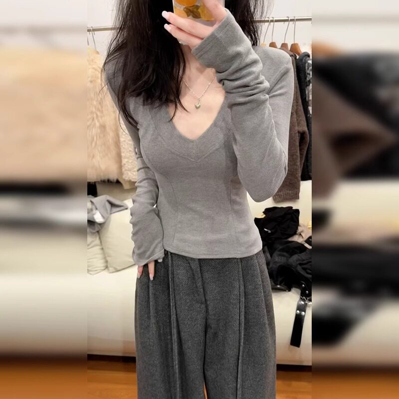 品牌折扣正品女装断码清仓特价不能退换奶茶色V领长袖T恤春秋新款