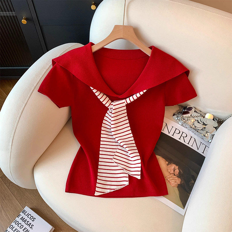 品牌折扣正品女装断码清仓特价不能退换红色复古海军领短袖针织