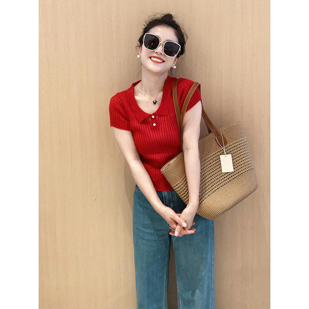 品牌折扣正品女装断码清仓特价不能退换红色POLO领冰丝针织