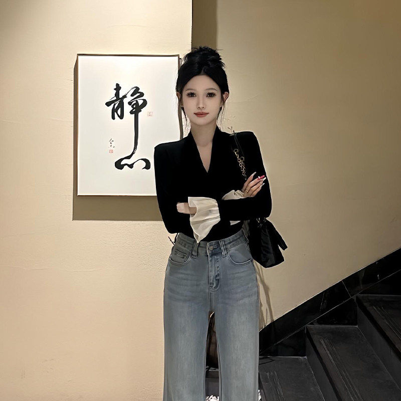 品牌正品女装衣服断码特价清仓 不退换-法式V领长袖T恤女秋季修身