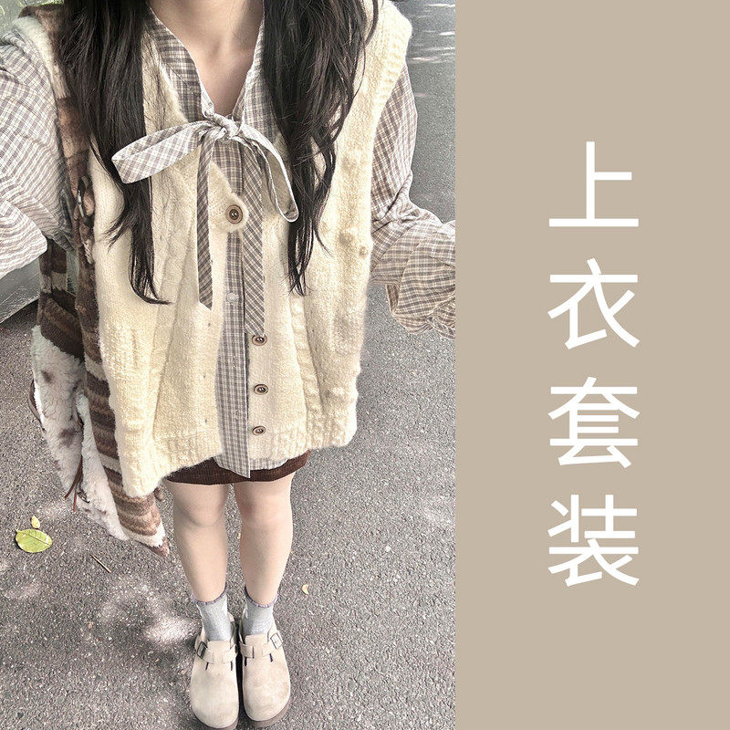 品牌折扣正品女装断码清仓特价不能退换福蝴蝶结格子衬衫女202