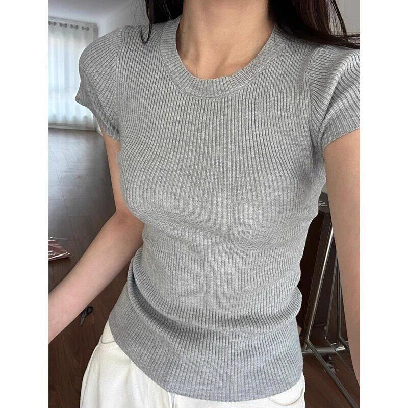品牌折扣正品女装断码清仓特价不能退换灰色针织短袖t恤女夏季新