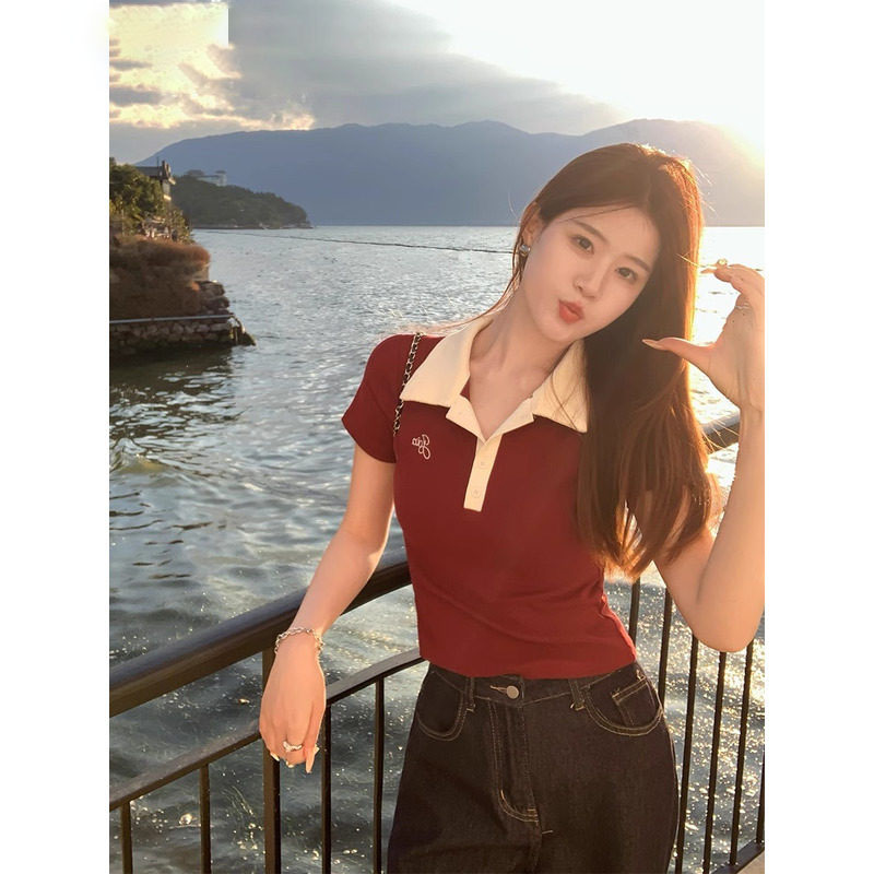 品牌折扣正品女装断码清仓特价不能退换红色polo翻领短袖t恤女
