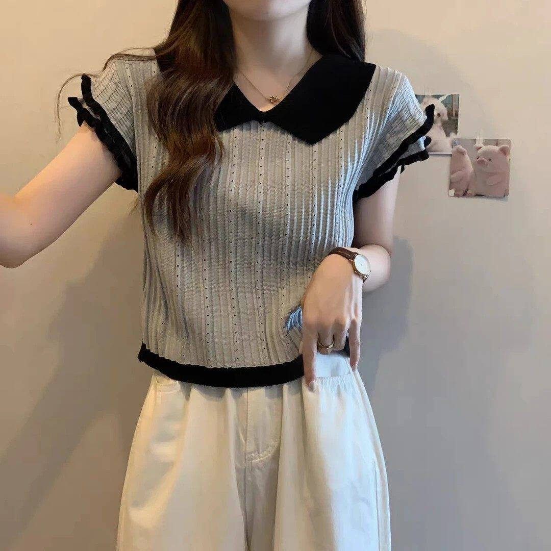 品牌折扣正品女装断码清仓特价不能退换娃娃领小飞袖针织短袖T恤