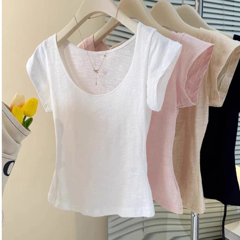 品牌正品女装衣服断码特价清仓 不退换-白色U领竹节短袖T恤女夏