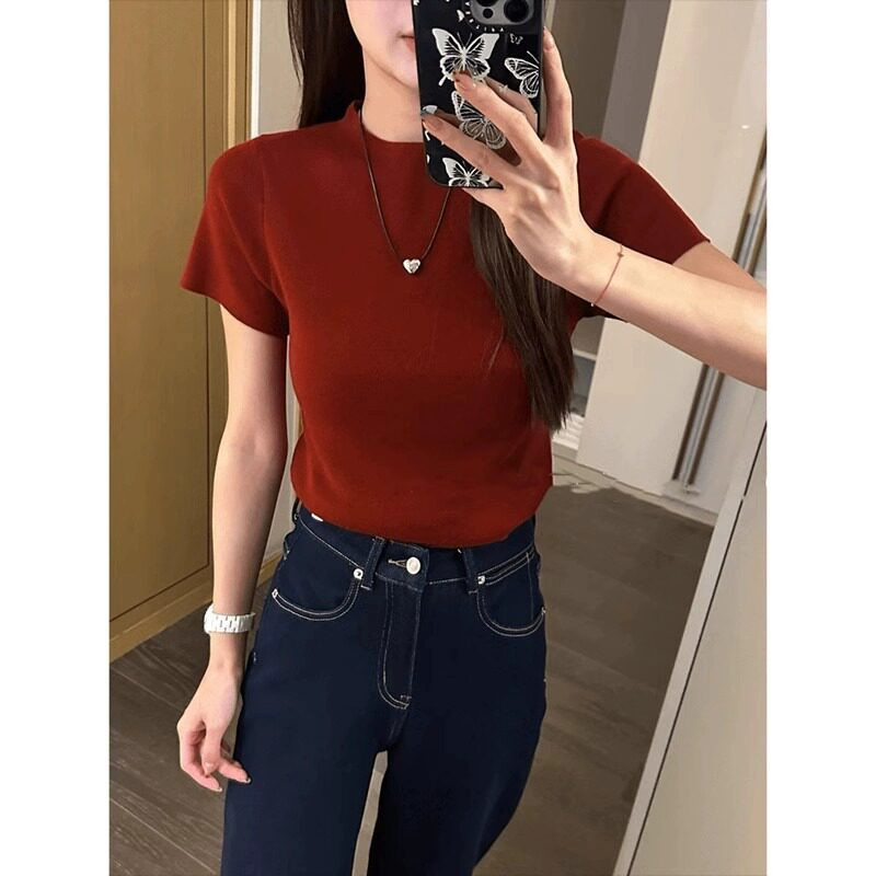 品牌正品女装衣服断码特价清仓 不接受退换-安可拉红色小立领短袖