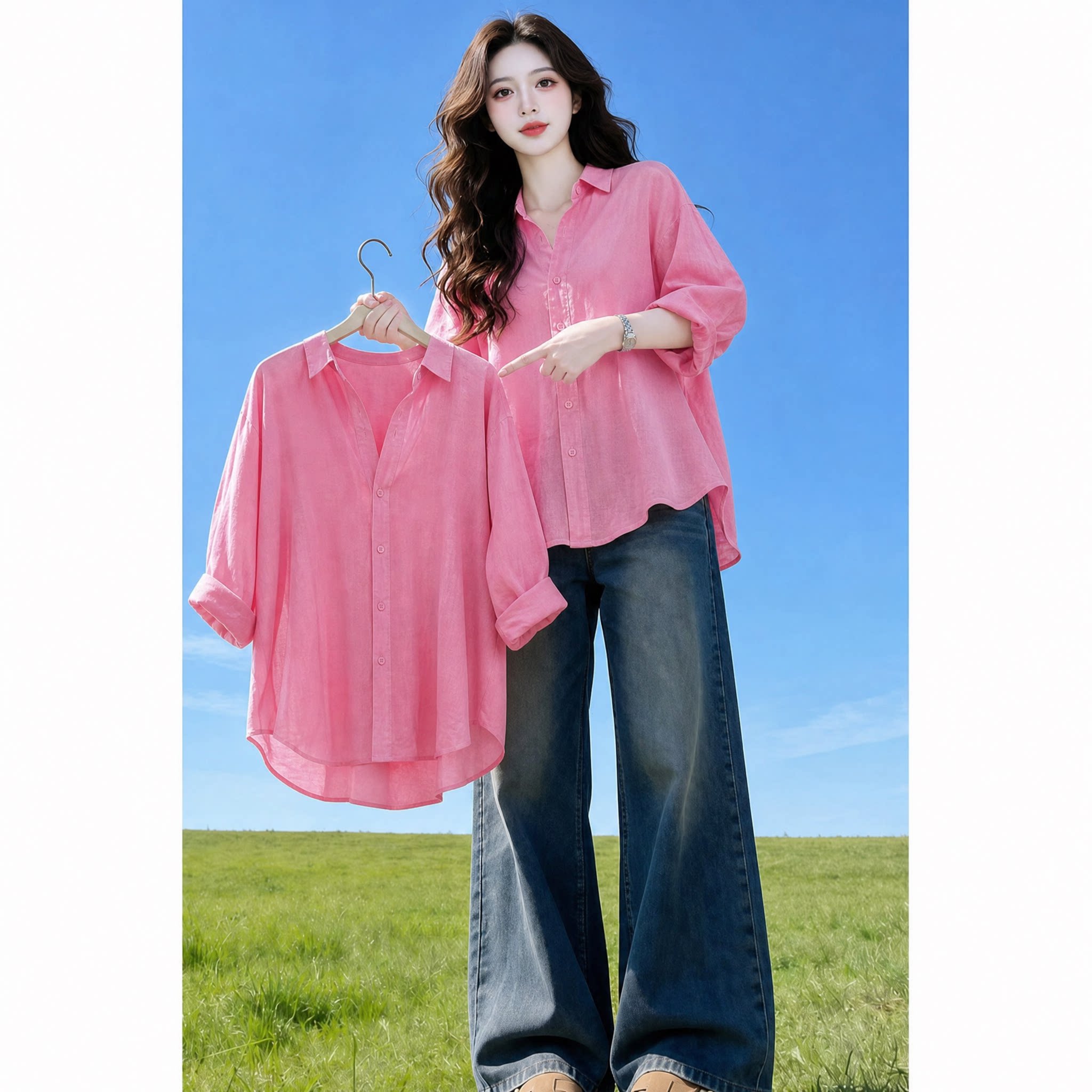品牌正品女装衣服断码特价清仓 不接受退换-粉色天丝苎麻防晒衬衫